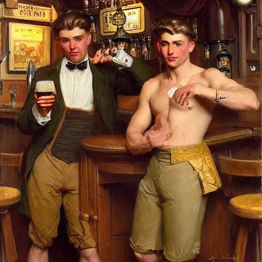 Image similar to attractive maculine male with brunet hair and attractive masculine male with blond hair. pants and shorts, drinking their hearts out, in a pub. highly detailed and very defined painting by j. c. leyendecker, gaston bussiere, craig mullins 8 k