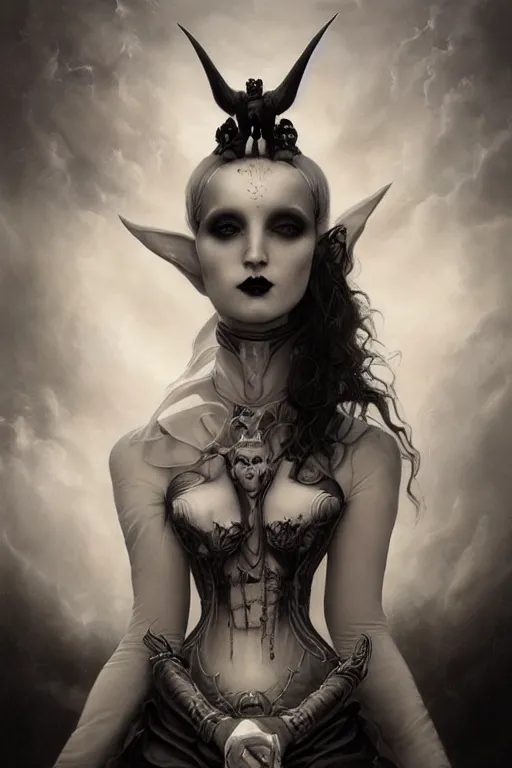 Prompt: By Tom Bagshaw, ultra realist soft painting of a curiosities carnival by night, very beautiful demon horn female dollpunk in full gothic dress transparent glass sphere, symmetry accurate features, very intricate details, omnious sky, black and white, volumetric light clouds