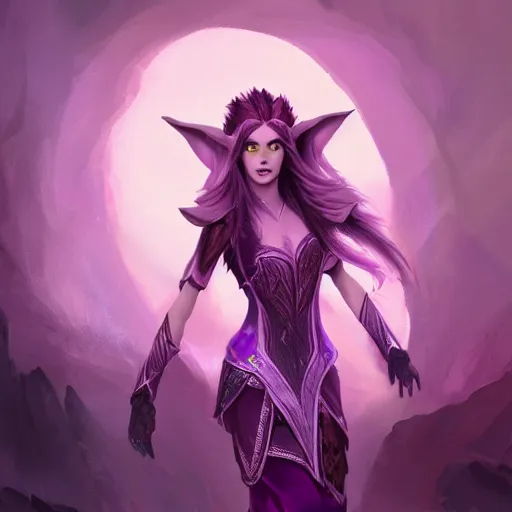 Image similar to high quality fantasy painting of a half-elf sorceress, she has purple hair, 35 years old, magical chaotic lights dance around her, dark and ominous background