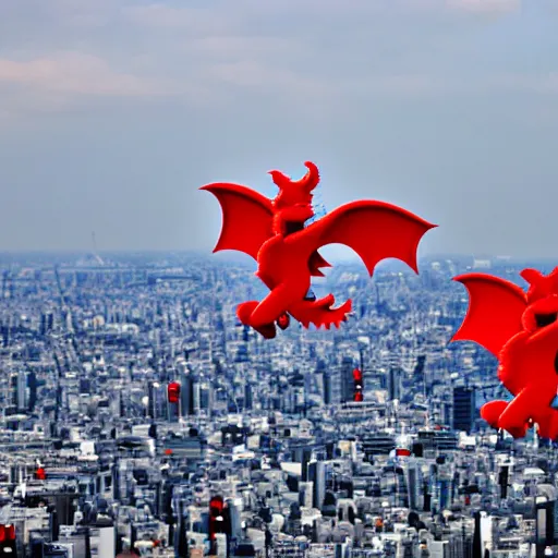 Image similar to tiny cute red dragons flying in the skies of tokyo