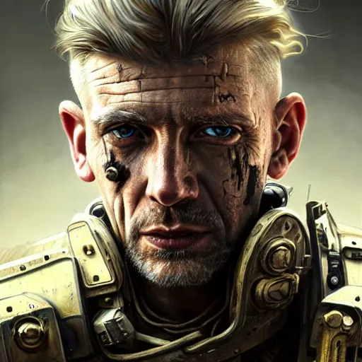 Image similar to portrait painting of a post - apocalyptic blonde older male soldier wearing dieselpunk power armor, ultra realistic, concept art, intricate details, eerie, highly detailed, photorealistic, octane render, 8 k, unreal engine. art by artgerm and greg rutkowski and charlie bowater and magali villeneuve and alphonse mucha