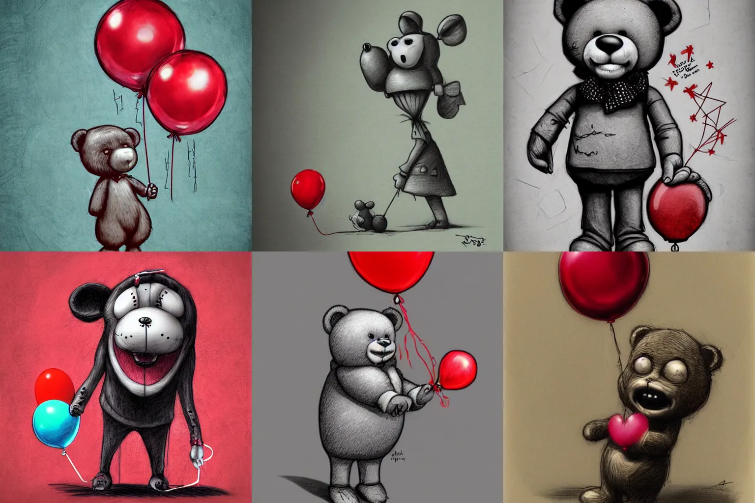 Prompt: surrealism grunge cartoon sketch of a teddy bear with a wide smile holding a red balloon by - michael karcz, loony toons style, horror theme, detailed, elegant, intricate