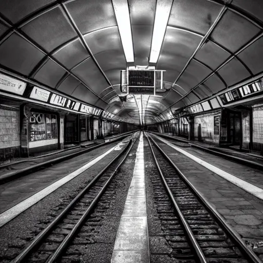 Prompt: abandoned london underground station, platform, haunting, beautiful, photorealistic, extreme detail, sharp focus, 4 k, award winning,