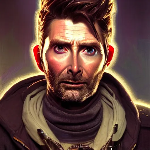 Image similar to portrait painting of a cyberpunk dwarven mechanic david tennant, ultra realistic, concept art, intricate details, eerie, highly detailed, photorealistic, octane render, 8 k, unreal engine. art by artgerm and greg rutkowski and charlie bowater and magali villeneuve and alphonse mucha
