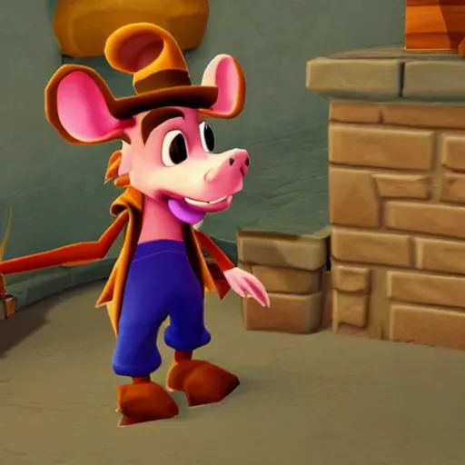 Image similar to screenshot of a cute inspector mouse with a brown trenchcoat as an npc in spyro the dragon video game, with playstation 1 graphics, activision blizzard, upscaled to high resolution