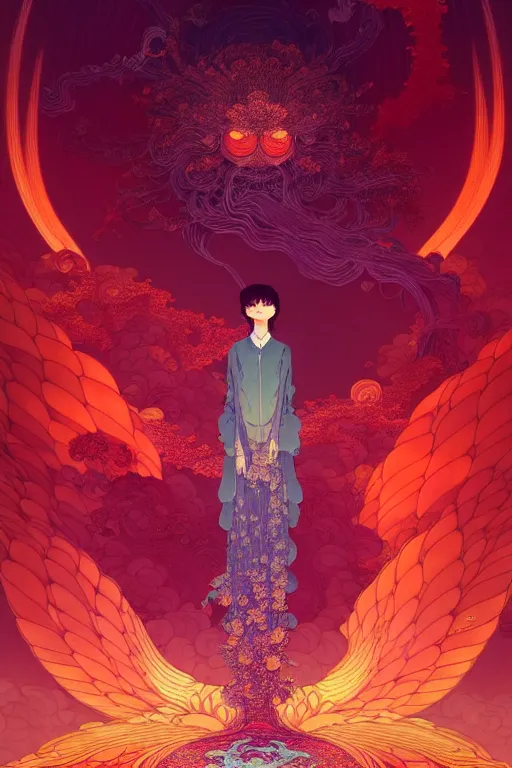 Prompt: a beautiful hyperdetailed character design 4 k wallpaper illustration of a huge reddish phoenix, victo ngai style, from china, style of studio ghibli, makoto shinkai, raphael lacoste, louis comfort tiffany, denoise, deblurring, artgerm, xision, james jean, ross tran, chinese style