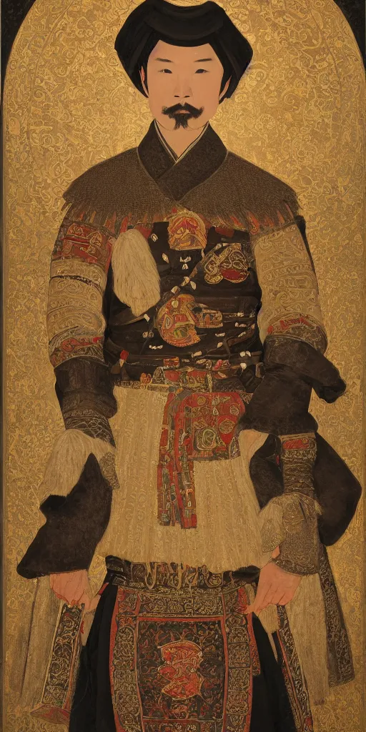 Image similar to a stunning and noble highly detailed romantic period style portrait of Genghis Khan by Josep Tapiró Baró, trending on artstation, oil painting masterpiece, symmetry, fractals, Mongolian iconography