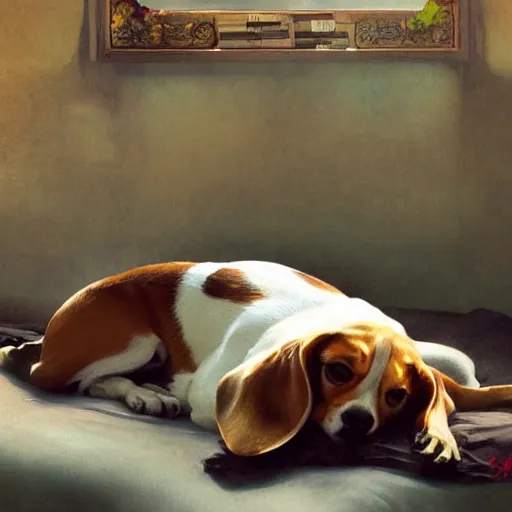 Prompt: a beagle lying on the bed, digital painting, smooth, elegant, hd, art by wlop and artgerm and greg rutkowski and alphonse mucha