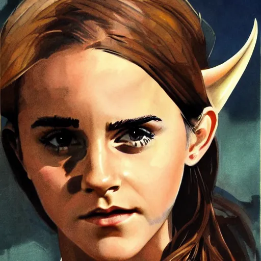 Image similar to detailed details photorealistic emma watson wearing devil horn headband in the style of bob peak and alex ross, gouache and wash paints color, detailed details facial and body and human and environments and proportionate, detailed 5 k details.