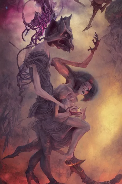 Prompt: an illustrated tarot card of The lovers based on the original rider waite tarot deck, full of colors, evil, satanic, high contrast, on old paper, insane details, concept art, elegant, unreal 5, CGSociety, hyperrealistic, octane render, by Peter Mohrbacher and Greg Rutkowski and brian froud and Craig Mullins, RPG portrait, dynamic lighting