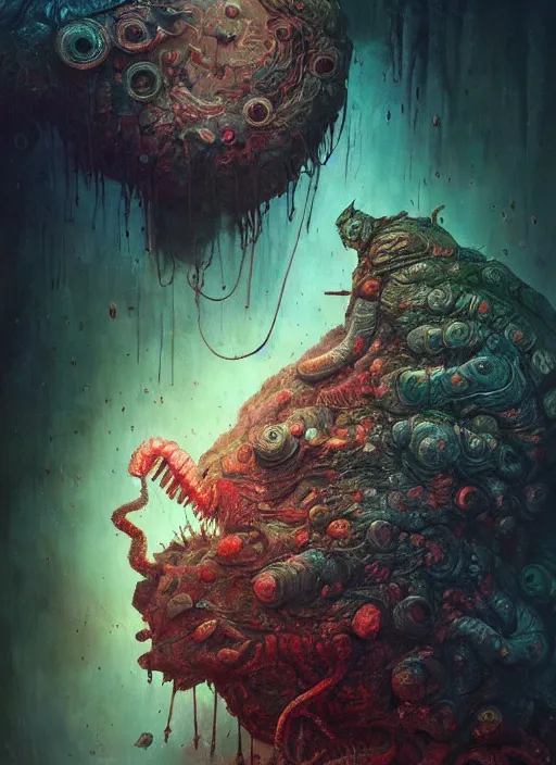 Image similar to the caterpillar, call of cthulhu, highly detailed, cinematic, 8 k, by megan duncanson, benjamin lacombe, adrian borda, stanley artgermm, tom bagshaw, craig mullins, carne griffiths, ayami kojima, beksinski, giger, trending on deviantart, hyper detailed, horror, full of colour