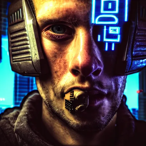 Image similar to realistic portrait of a cyberpunk man, realistic, detailed,