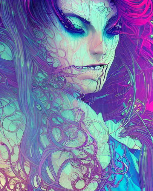 Prompt: glitch art close up portrait vampire, flowing hair, glitches, vaporwave, highly detailed, very intricate, graphical errors, art deco, neon glitch, chromatic aberration, harsh lighting, award - winning, unreal engine 5, illustration by mandy jurgens and alphonse mucha and alena aenami, glitch color palette, featured on artstation