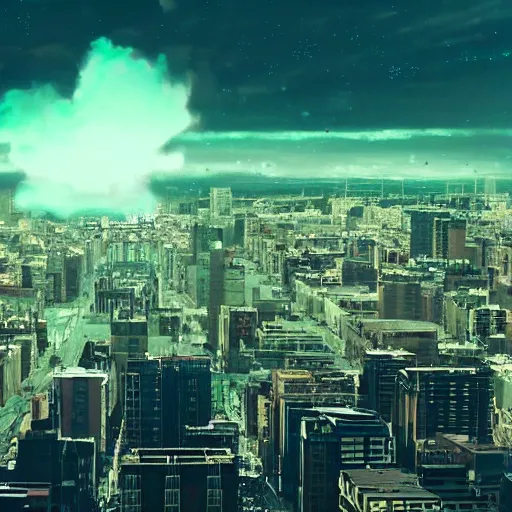 Prompt: a cinematic film still of a nuclear warhead exploding in the middle of a city 4k