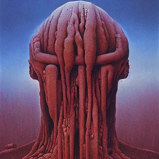 Prompt: highly detailed horror dystopian surreal painting of eerie head statues and buildings by zdzisław beksinski