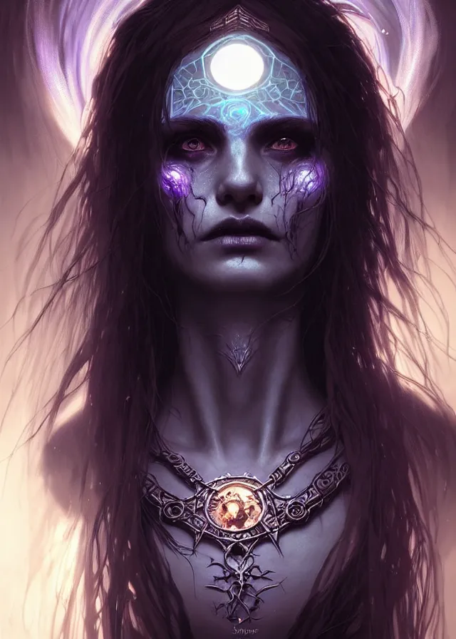 Image similar to Necromancer Sorceress face close-up macro in center, fantasy magic, undercut hairstyle, dark light night, intricate, elegant, sharp focus, illustration, highly detailed, digital painting, concept art, matte, art by WLOP and Artgerm and Greg Rutkowski and Alphonse Mucha, masterpiece