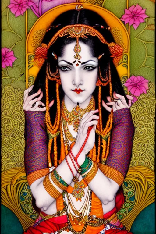 Image similar to beautiful and playful ginger hindu dancer, art nouveau, fantasy, intricate indian flower designs, elegant, delicate hands, highly detailed, sharp focus, art by chie yoshii