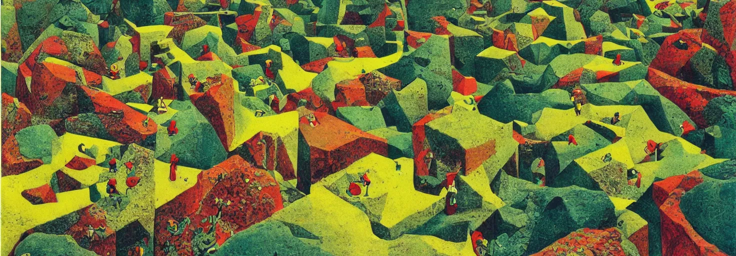 Image similar to a rock garden by m. c. escher, yellow, green, red, snowy, ultra sharp, ultra detailed, cyberpunk, happy, uplifting, colorized by salvador dali