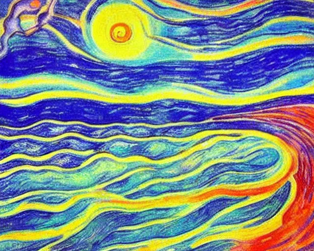 Image similar to Ocean waves in a psychedelic dream world. DMT. Landscape painting by Edvard Munch.