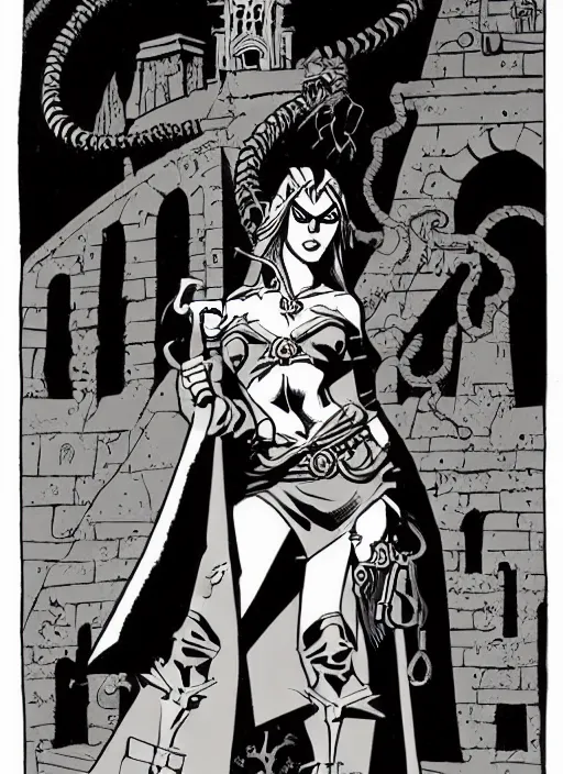 Prompt: highly detailed, sorceress with a dungeon background by mike mignola