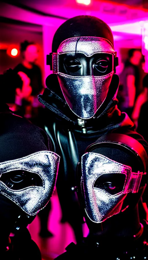 Prompt: selfie at a provocative techwear packed busy rundown nightclub, lots of people, males and females breakdancing, variety of sharp sparkly creepy masks, harnesses and garters, some people holding drinks or have robot limbs or have cybernetic mods, tattoos and piercings, retrofuturism, brutalism, cyberpunk, sigma 85mm f/1.4, 15mm, 35mm, tilted frame, long exposure, 4k, high resolution, 4k, 8k, hd, wide angle lens, highly detailed, full color, harsh light and shadow, intoxicatingly blurry