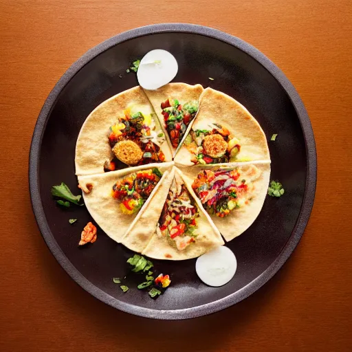 Prompt: Per Se by Thomas Keller deconstructs the Taco Bell Mexican Pizza - food photography plate from above DSLR