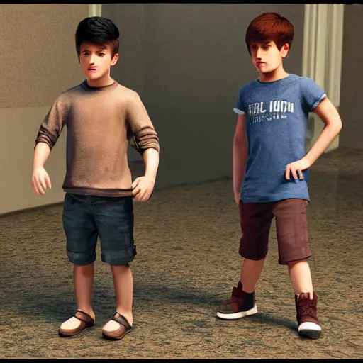 Image similar to full body unreal engine 5 render of two boys, highly detailed faces