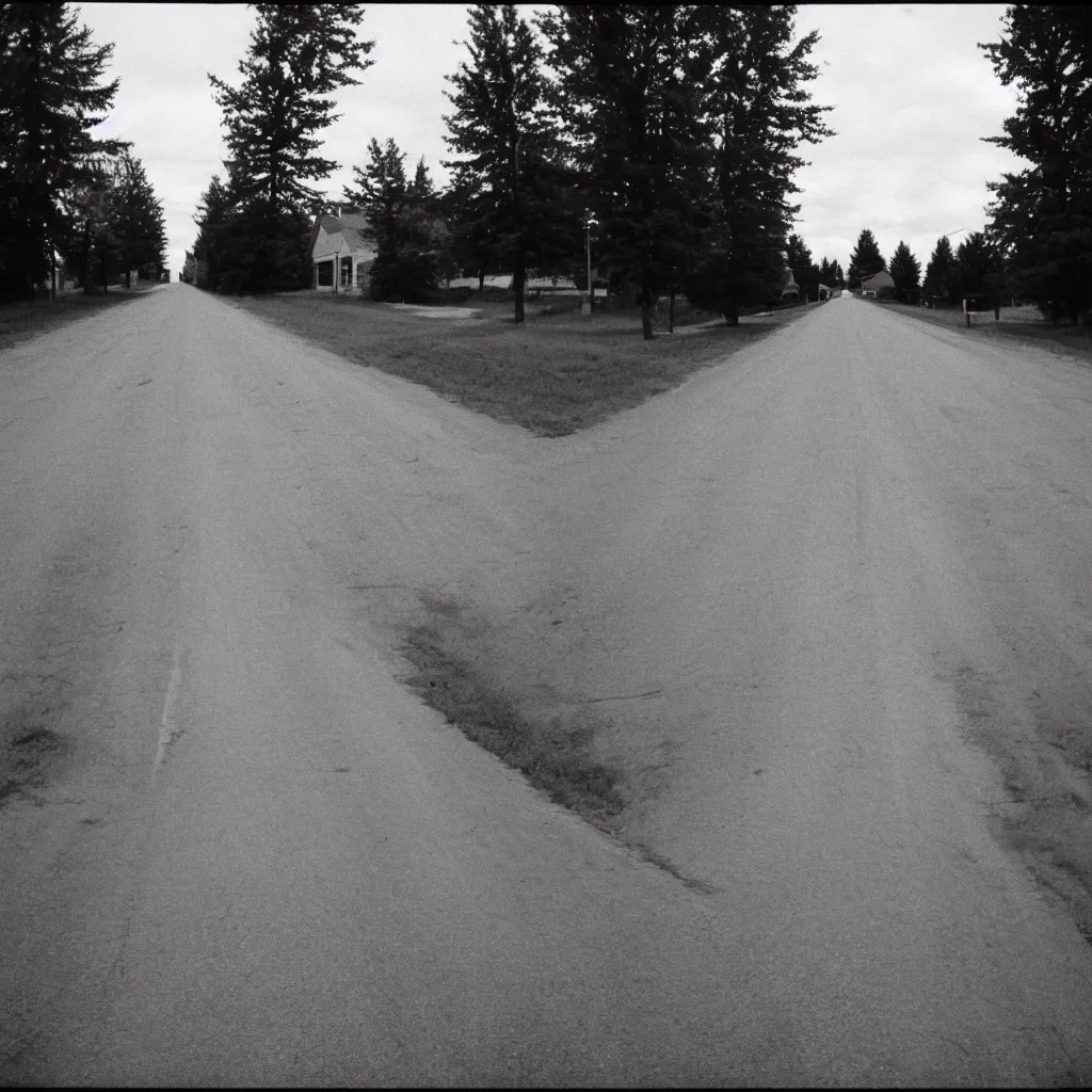 Image similar to A disposable camera picture of an empty street in a small Canadian farm town , Kodak Fling 200, 1983