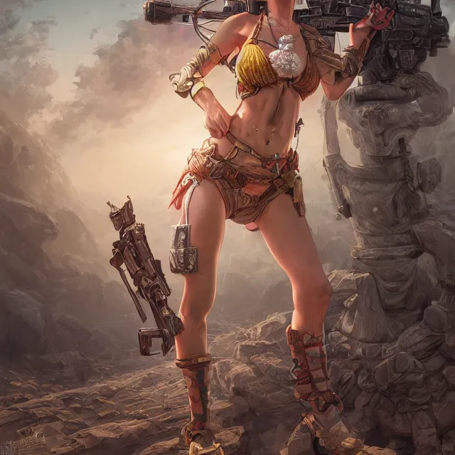 Image similar to the portrait of lawful neutral semi - colorful female infantry gunner as absurdly beautiful, gorgeous, elegant, young swimsuit model, an ultrafine hyperdetailed illustration by kim jung gi, irakli nadar, intricate linework, bright colors, octopath traveler, final fantasy, unreal engine 5 highly rendered, global illumination, radiant light, detailed and intricate environment