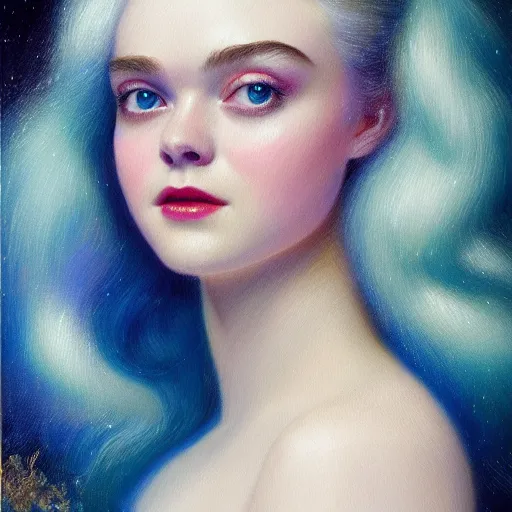 Prompt: professional painting of Elle Fanning in the style of Delphin Enjolras, head and shoulders portrait, symmetrical facial features, smooth, sharp focus, illustration, intricate, stormy weather, extremely detailed masterpiece,