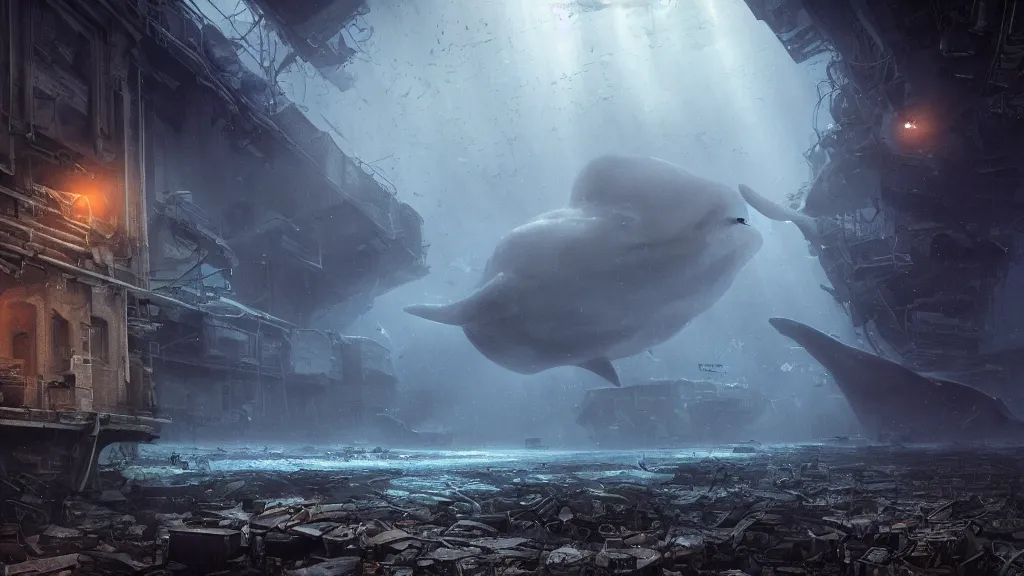 Prompt: dramatic Photorealistic,hyper detailed Matte Painting of an under water scene with a deep sea submersible with bright head lights exploring post apocalyptic underwater ruin city street,dark Tall empty buildings,gigantic blue whale swims above by Greg Rutkowski,Craig Mullins,Hyperrealism,Beautiful dark dramatic moody lighting,underwater caustics,Cinematographic Atmosphere,Volumetric light rays,VRay Rendering,8K