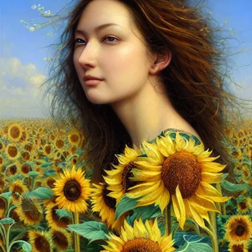 Image similar to a girl slowly walking through amazing tall sunflower field, hair flowing, early morning lighting, elegant, subtle, intricate details, face!, real masterpiece, oil on canvas, by karol bak, ayami kojima, artgerm, smile, concept art, fantasy