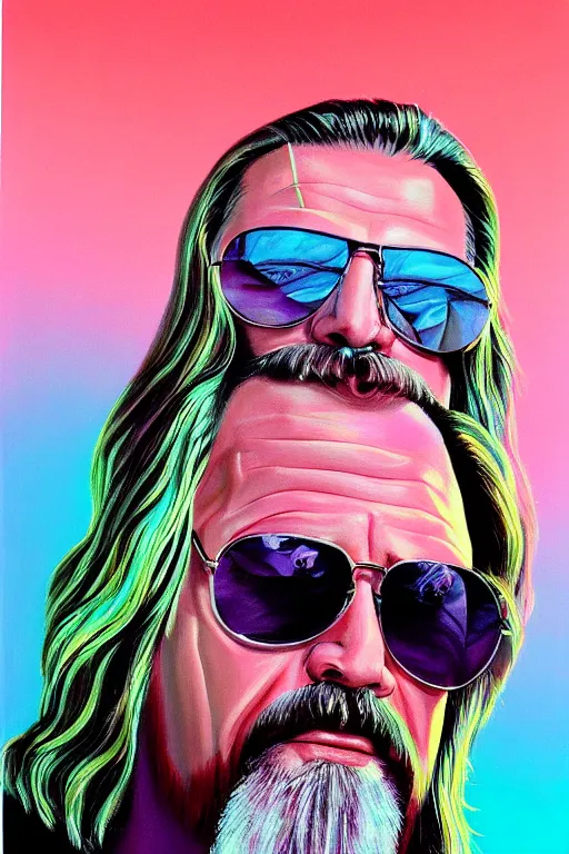 Prompt: dynamic medium wide shot of the dude from the big lebowski with sunglasses like sonny crockett, vaporwave synthwave, pastel color palette, 8 k, intricate details, photorealism, beautiful painting, lois van barle,