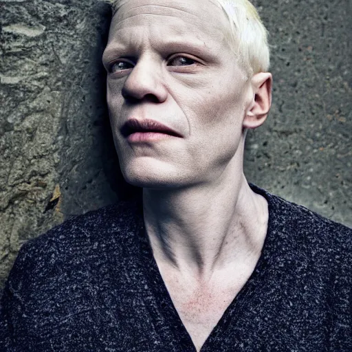 Image similar to color portrait of a middle aged albino male model by emmanuel lubezki