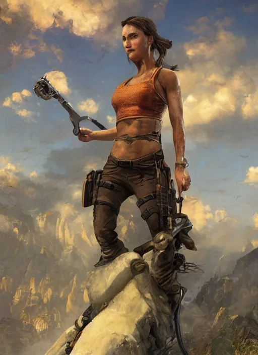 Image similar to Lara Croft posing in a crop top, golden hour, Lilia Alvarado, Sophie Anderson, Mark Arian, Bob Byerley, Charlie Bowater, Mark Brooks, Steve Henderson, Justin Gerard, Arthur Hughes, Edward Robert Hughes, Mark Keathley, Victor Nizovtsev, Carlos Shwabe, Ross Tran, WLOP