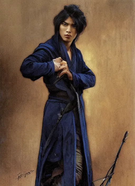 Prompt: a young asian man with tanned skin and shoulder length tousled black hair. he has an intense expression, is wearing a long blue coat and holding a spear. portrait painting by artgerm and greg rutkowski and alphonse mucha