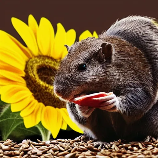 Prompt: a black gerbil eating a huge sunflower seed while a brown gerbil watches angrily, pixar animation