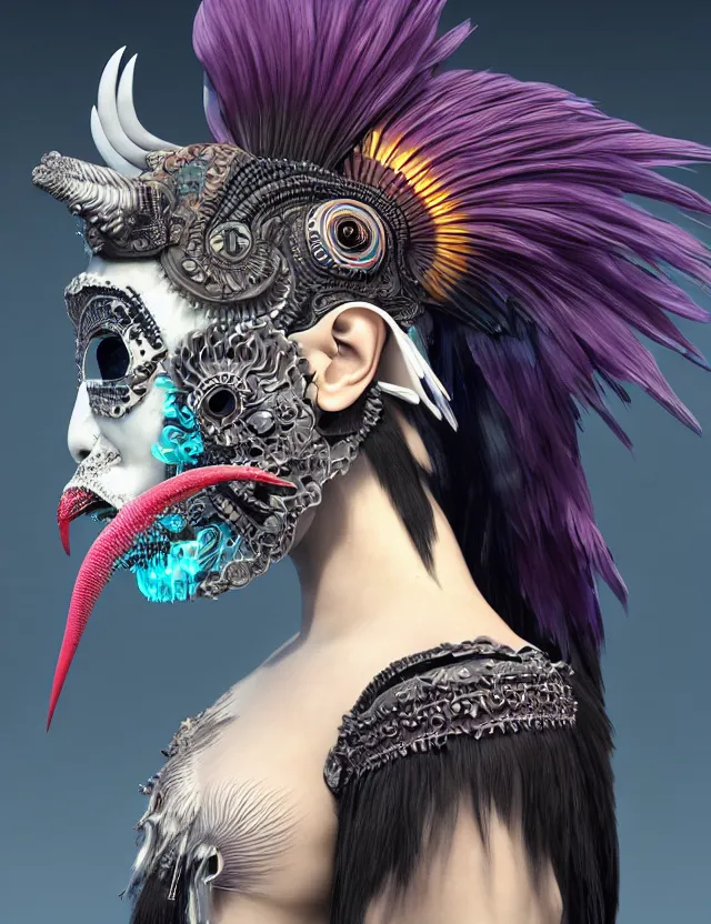 Image similar to 3 d goddess close - up profile portrait punk with mohawk with ram skull. beautiful intricately detailed japanese crow kitsune mask and clasical japanese kimono. betta fish, jellyfish phoenix, bio luminescent, plasma, ice, water, wind, creature, artwork by tooth wu and wlop and beeple and greg rutkowski