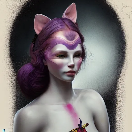 Prompt: actionism, soft painting curiosities carnival, beautiful cat head hybrid in full long dress, accurate features, focus, very intricate ultrafine details, black white purple volumetric clouds, award winning masterpiece, octane render 8 k hd, tom bagshaw artstyle