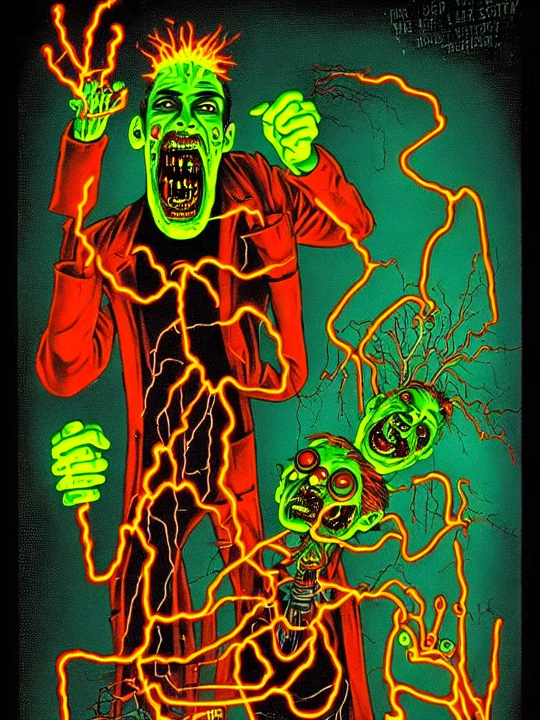 Prompt: Vibrant Colorful Vintage Horror Illustration of a Mad Scientist Experiment Electricity Zombie Laboratory. Glowing, Spooky lighting, Shocking , Pinterest