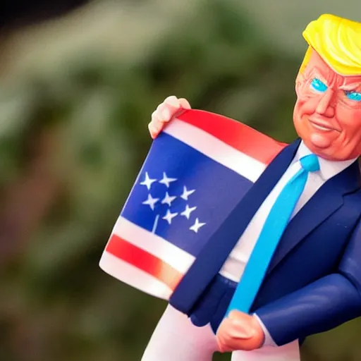 Image similar to a toy figure of donald trump holding usa flag