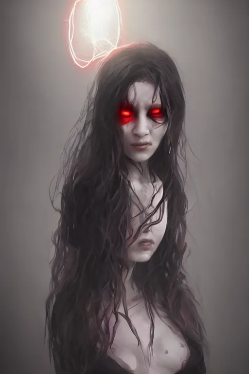 Image similar to creepy possessed woman with hair standing straight up and her eyes glowing red , made by Stanley Artgerm Lau, WLOP, Rossdraws, ArtStation, CGSociety, concept art, cgsociety, octane render, trending on artstation, artstationHD, artstationHQ, unreal engine, 4k, 8k,