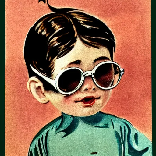 Prompt: vintage children’s book illustration, face of Herford cow, wearing ray ban sunglasses