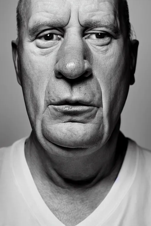 Image similar to studio portrait of man, 4 0 years, homer simpson lookalike, looks like a real life version of homer simpson, as if looking at a cartoon character, soft light, black background, fine skin details, close shot, award winning photo by arnold newman