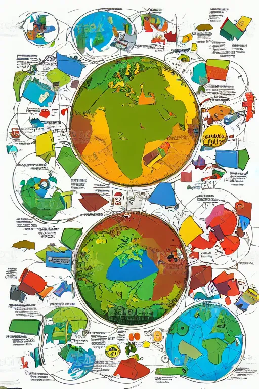 Image similar to colorful diagram for world destruction, epic composition, labeled diagrams, high detail, high contrast illustrations