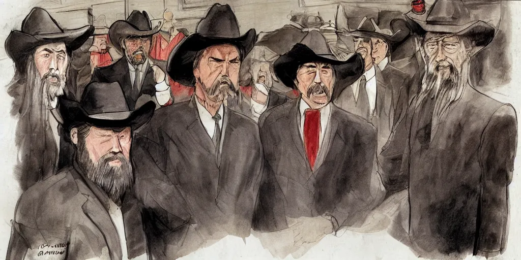 Prompt: Confucius and jury trial of cowboys in the american courtroom sketch by Christine Cornell by Batton Lash by John M. Downs by Leo Hershfield, judge with face of clint eastwood, concept art