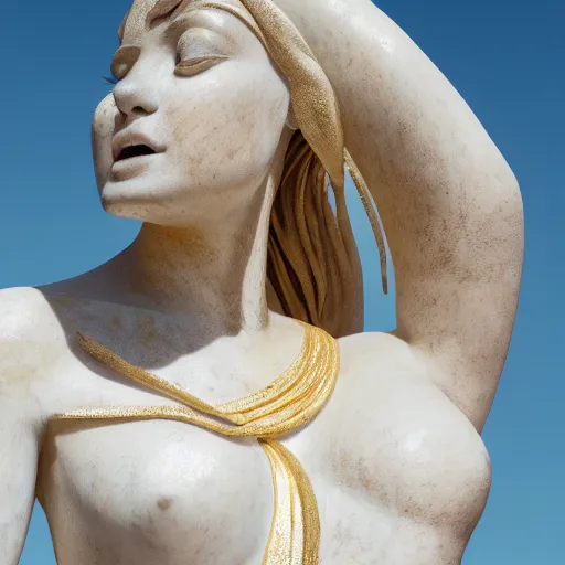 Prompt: a statue made of white marble with gold veins, of a fully dressed beautiful pregnant woman, wearing a dress, perfect symmetrical body, perfect symmetrical face, closed eyes, hyper realistic, hyper detailed, fujicolor superia, bokeh background, full body shot, vatican, by peter kemp, by monia merlo octane render, blender, 8 k