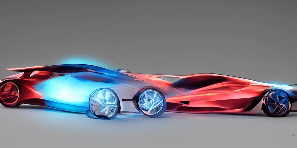 Image similar to sport car designed by sebastian luca and pablo carpio and edgaras cernikas and wang ke and damon greenhalgh, in wide view shot. blank background with some dreamy color lights.