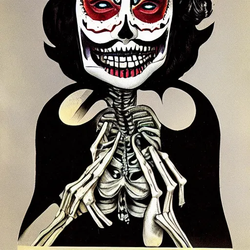 Image similar to a woman with a skeleton face painted on her face, a character portrait by edna mann, behance, pop surrealism, freakshow, 1 9 7 0 s, surrealist