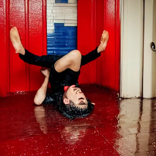 Prompt: Wet young man suffers standing on his head in the red room rain